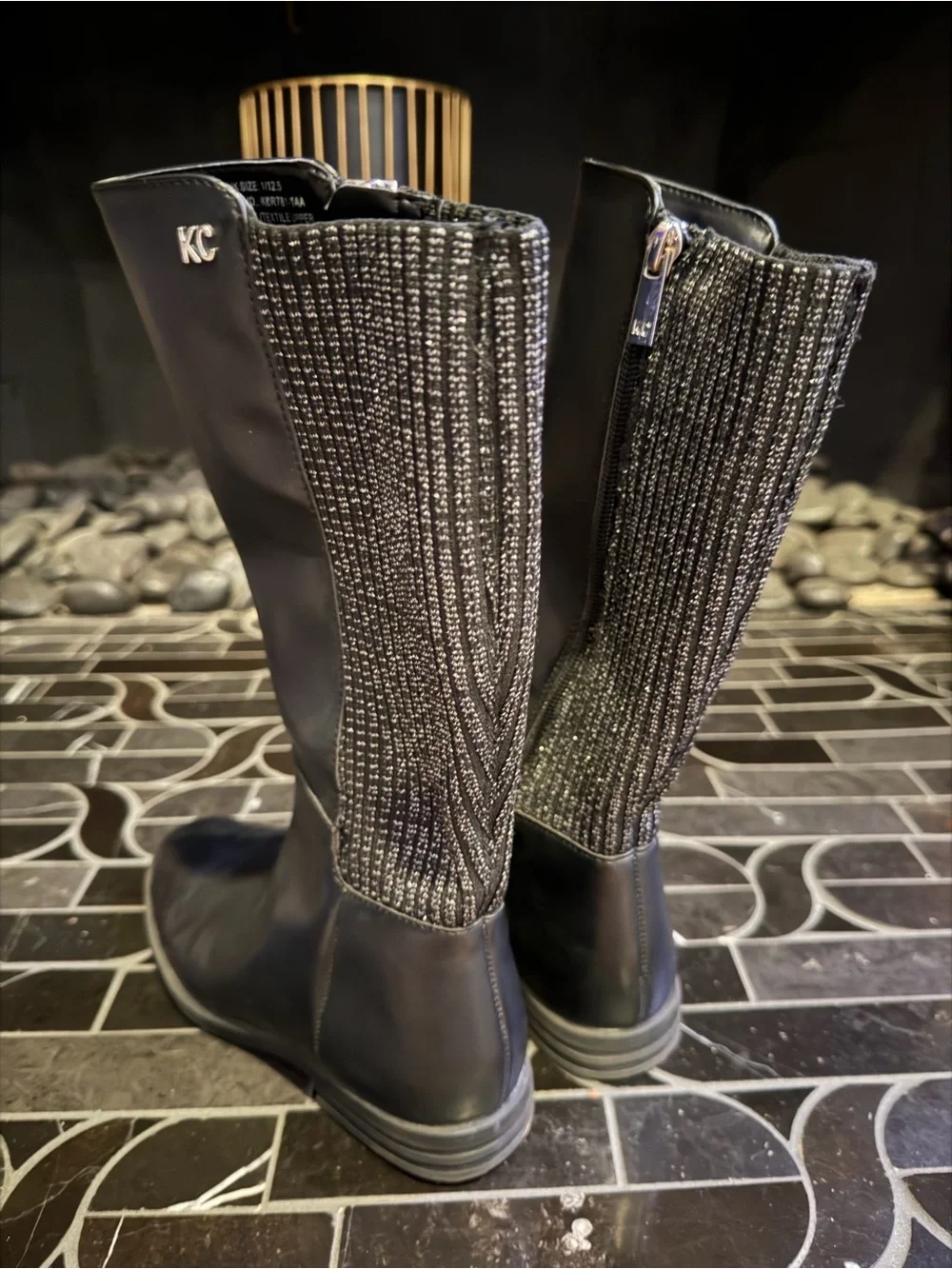 Girls Kenneth Cole Leather Black sparkle knit Tall Boots